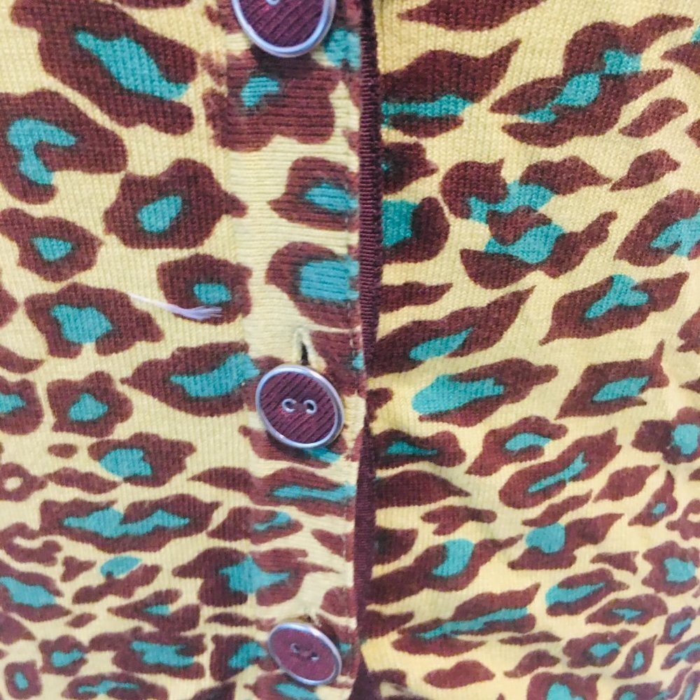 TWELVE LAYERS Yellow/Brown/ Green Leopard Cardigan Boho Key Hole Back Tie Medium - Picture 3 of 5